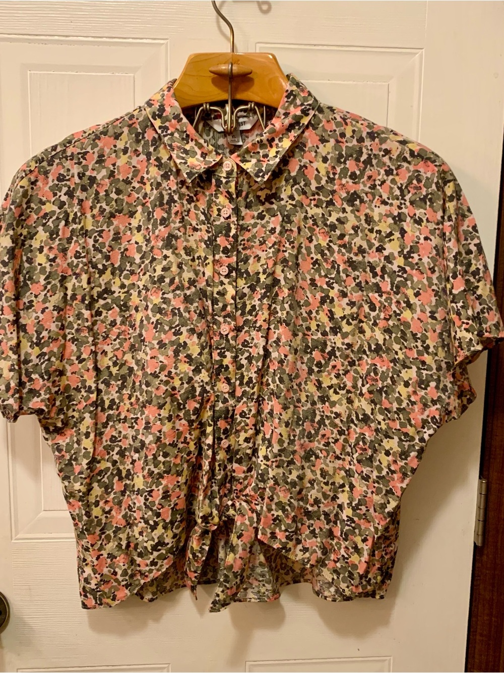 Nine West Floral Tie-Front Short Sleeve Button Down Blouse Top XL